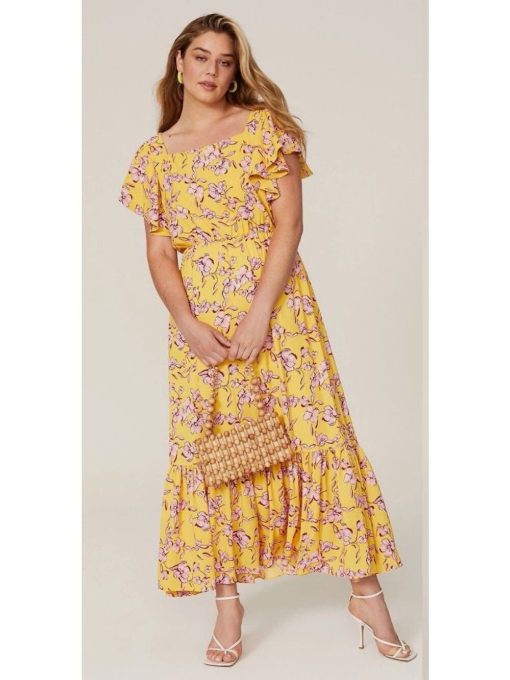 Sachin + Babi Yellow Flutter Sleeve Floral Dress Yellow Pink Spring Summer US 6